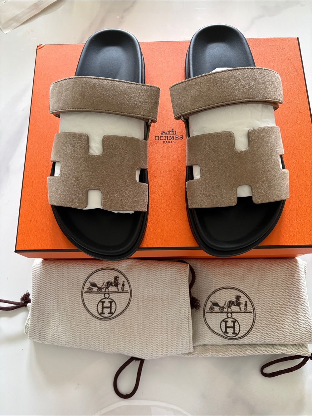 Hermes Men's Taupe Suede Oran Style Slide Sandals on Black Footbed